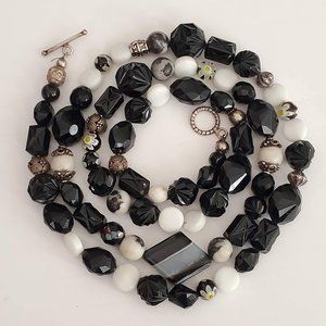 Mixed Media Bead Black White Long Statement Necklace
